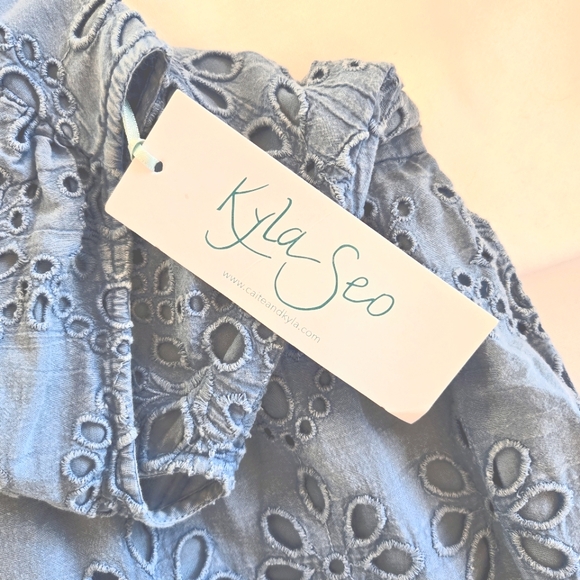 🏷️ANTHROPOLOGIE KYLA SEO Caite Palma Eyelet Midi Dress in Bluestone Size S/M - Picture 9 of 14